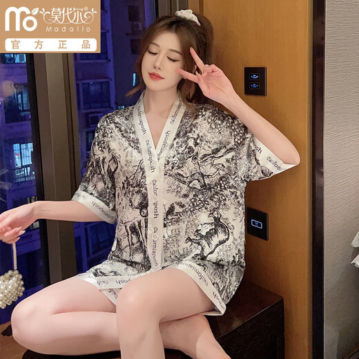 Modal summer cool ice silk pajamas for women with thin comfortable shorts and two-piece set of cute cardigans for home clothes 829# double-breasted square letters M