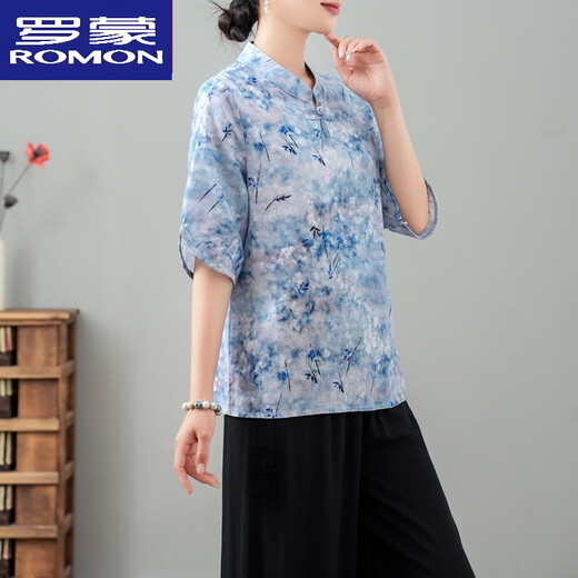 罗蒙（ROMON）纯棉中式夏装时尚洋气2025新款气质中老夏季国风T恤小衫上衣短袖 花色 1号色 Q24-10 款  上衣 XL 建议90-115斤