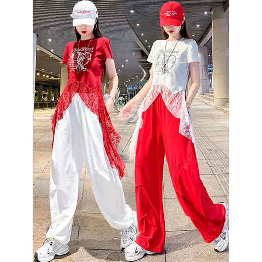 
Diligent Jazz Dance Clothing Women's Suit Adult Summer Thin Trail Dance Top Lace Spliced ​​Square Dance Casual Bouquet White Pants 6627 M [80-105Jin[Jin equals 0.5 kg]]