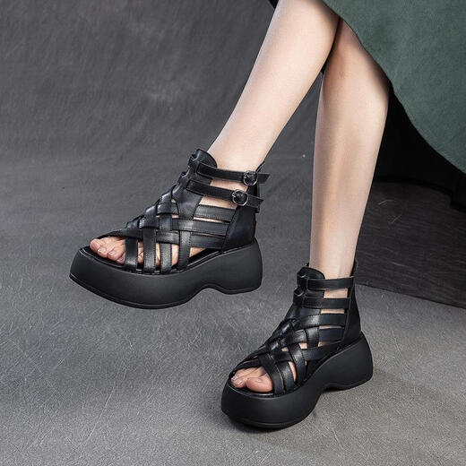 KUXA 2025 summer new style hand-woven fish mouth sandals heightened Rome breathable retro women's shoes dark brown 37