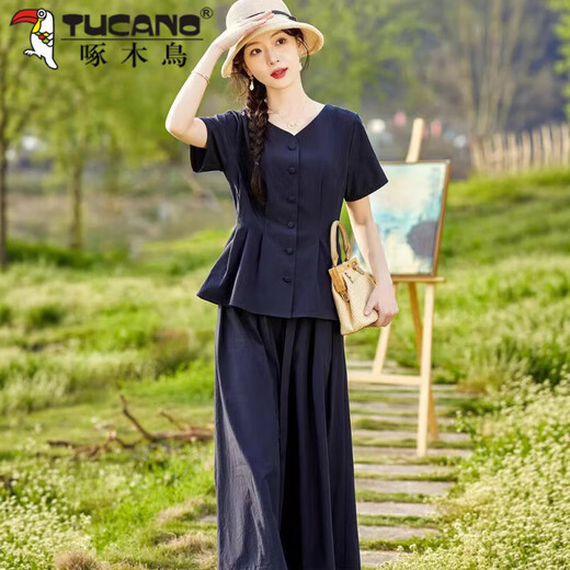Carpintería de carpintería (tucano) Moda e informal de mediana edad de mediana edad Summer 2025 Nuevo temperamento de alta gama Fashionable anchas de piernas anchas Set de dos piezas Set azul marino M