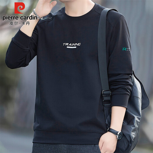 Pierre Cardin sweatshirt men's spring and autumn trendy round neck long-sleeved T-shirt men's loose casual stretch clothing men's black XL