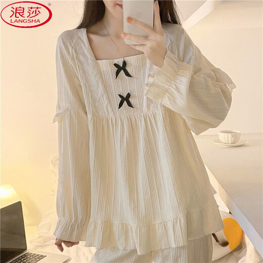 Langsha Pyjamas (Langsha) Frauen Frühlings- und Herbst-Spitzen-Spitzen-Lace Casual Princess Style Bow 2025 Neues Ins Girls 'Home Clothing Set 1105 Butterfly Spitzenkragen [Langarmanzug] M 70-95jin [Jin gleich 0,5 kg]