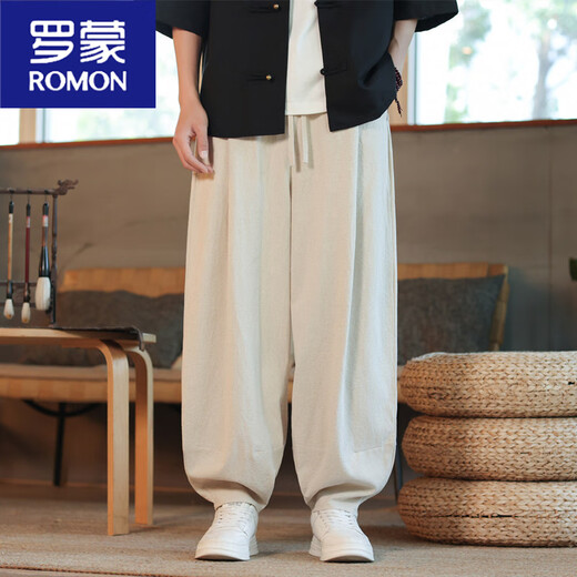 Romon Leinen Casualhose Herrenhosen Chinesische Marke Cotton Leinen Bloomer Fett lose Hosen Weitbein Hosen Khaki + Gray M.