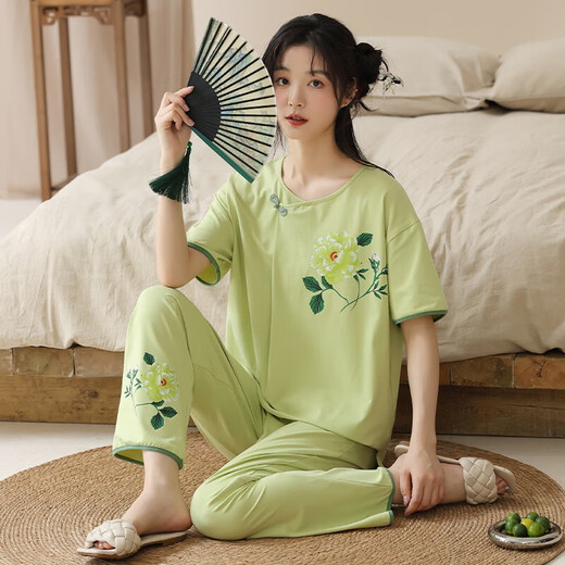 
2025 new cotton pajamas for women summer short-sleeved Chinese style cute summer cropped pants cartoon casual home clothing 9904 2XL [140-160Jin[Jin equals 0.5 kg]]
