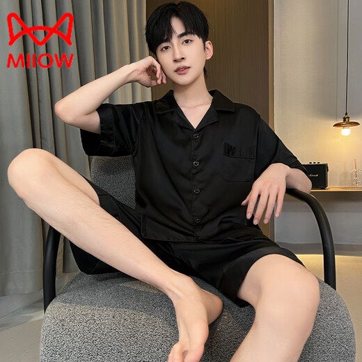 MiiOW pajamas men's summer ice-sleeved short-sleeved pants summer thin simulated silk boys' youth student home clothes set G542 L (height about 170 and weight-130Jin Jin is equal to 0.5 kg)
