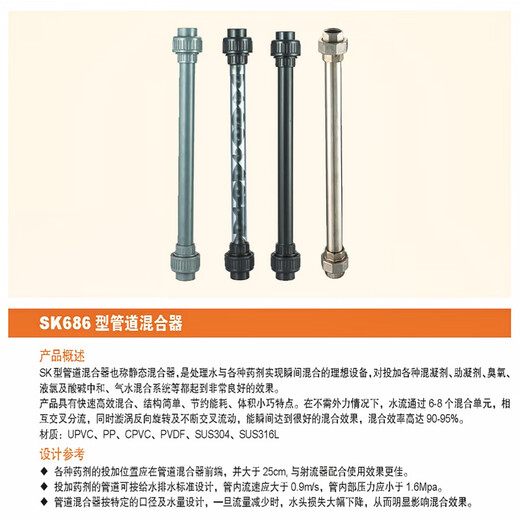 何健弓加药管道混合器UPVC管道静态混合器 SK药液混合器DN15/20/25/32 DN50灰色63mm活结口 总长695mm