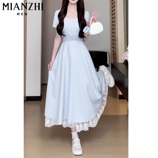 
Cotton French lace splicing dress for women in summer 2025 new dopamine temperament square collar fashion waist long skirt 4059 light blue [high quality 52.5] L 100-110Jin [Jin equals 0.5 kg]