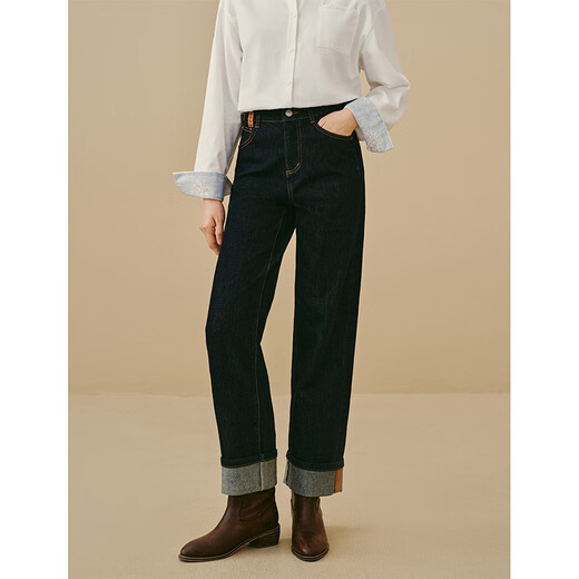 Inman Original Color Velvet Straight Jeans 2025 Winter Women's New Cuffed High Waist Trousers Dark Denim Blue 27