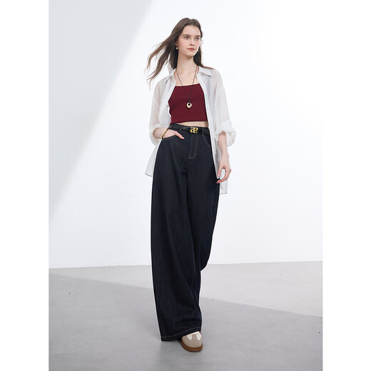 Three Color [not easy to fade] 2025 summer new casual jeans loose wide-leg pants trousers slimming M deep sea blue S 155/64A