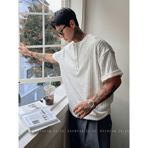 Du Xiaoxian old money style Henry collar short-sleeved polo shirt men's summer textured knitted striped t-shirt cleanfit half-sleeved white XL recommended 120-140Jin Jin equals 0.5 kg