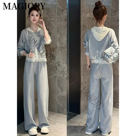 Magiopy International Luxus High-End-Marke Spring Korean Schwarzer Freizeitanzug Frauen modische Spitzenbasis-Hemd Außenbeschläge Schwarze Hosen dreiteilige Sets (100 Jin [Jin gleich 0,5 kg]))