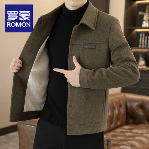ROMON wool jacket men's short velvet thickened jacket autumn and winter men's new casual slim lapel woolen top Khaki XL 180/100A 130-150Jin Jin equals 0.5 kg