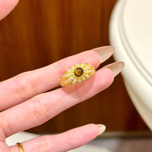 Yulongjing gold brushed tiger eye stone ring for women, new 999 solid gold dot diamond inlaid ring, closed ring for girlfriend, 12 circle size, gold about 2.1g-2.2g