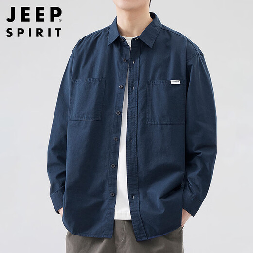JEEP SPIRIT吉普日系复古长袖衬衫男秋季潮流休闲工装衬衣外套男 宝蓝 XL