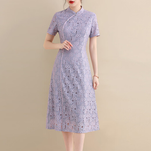 
OLJ light luxury brand dress for women 2025 summer new slim Chinese style cheongsam versatile acetate lace skirt Violet M