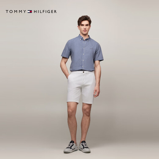 TOMMY HILFIGER【透气府绸】夏季男纯棉商务休闲复古格纹短袖衬衫外套35440 蓝白格纹C5J 2XL （推荐：180-200斤）
