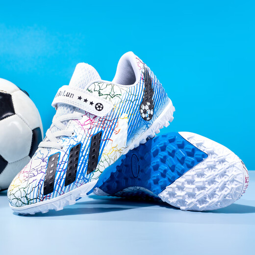 
WEIBUGE 2025 new breathable children's football shoes for men and women primary and secondary school students TF broken nails Velcro girls breathable training shoes 6199 black and blue broken nails (buy one with five) 29