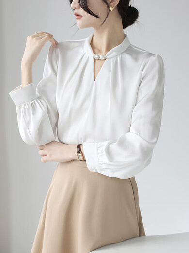 
ROMON French niche stand collar shirt women's hall room clothes 2025 spring and autumn satin temperament commuting professional top water blue M