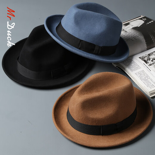 Mr DUCK new product, British style curly top hat for men and women, retro British trendy wool soft felt hat, black jazz hat with large size MW216259 - antique white (7cm large side) XL size (over 61cm, only for extra large head circumference)