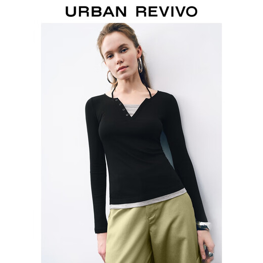 UR2025 new autumn women's contrasting color fake two-piece stitching slim long-sleeved T-shirt UWJ450109+ black M