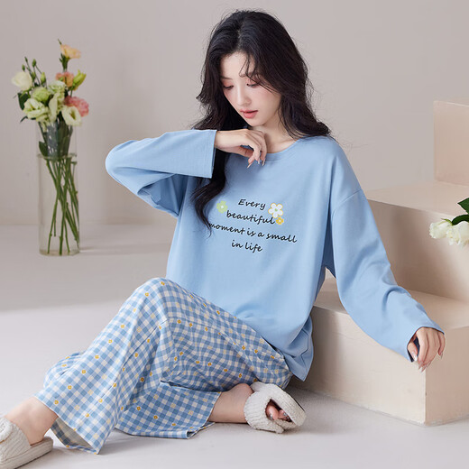 
Marienza pure cotton pajamas for women in spring and autumn, 2025 new soft short-sleeved trousers round neck four-season cotton home clothing