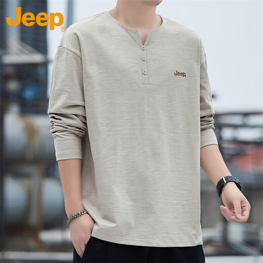 Jeep (JEEP) long-sleeved T-shirt men's autumn and winter solid color casual loose bottoming shirt trendy tops men's apricot XL
