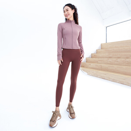 Fan Sheng Yoga Long Sleeve Professional Sports Fitness Running Yoga Suit Slim Short Sports Yoga Jacket Women FC12858 Toffee Powder L