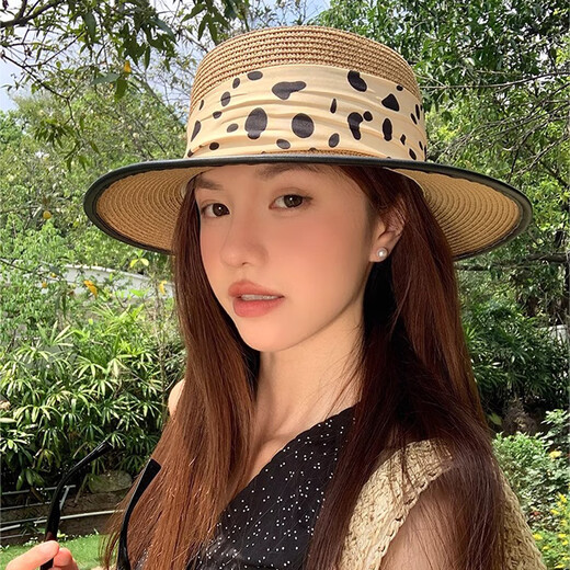 逸兼波点织带平顶草帽女夏季海边沙滩度假帽子遮阳帽优雅礼帽太阳帽子 波点平顶草帽【卡其色】