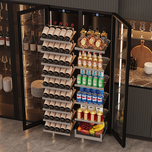 BAIKAILUN double-door thermostatic wine cabinet with double-door door ultra-thin and can be embedded in air-cooled frost-free thermostatic wine cabinet office household tea beverage liquor wine fruit preservation refrigerated display cabinet 1.8 meters dual temperature red wine + ice bar style 105 bottles thin style