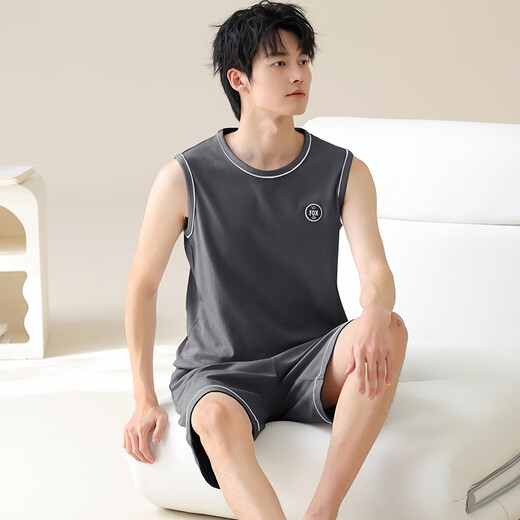 Cat Man Pure Cotton Pajamas Мужская летняя тонкая дышащая рукавочная рукавочная пуловная жилетка Мужская повседневная домашняя одежда хлопковая набор 13657 темно-серого цвета [100% хлопкового поглощения и дышащая] L [предполагает 100-120Jin [Jin равняется 0,5 кг]]]]
