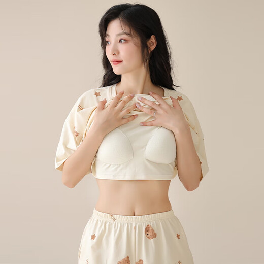 睡衣女夏季带胸垫2025年新款夏天纯棉圆领短袖短裤套头家居服套装 Z1343 L