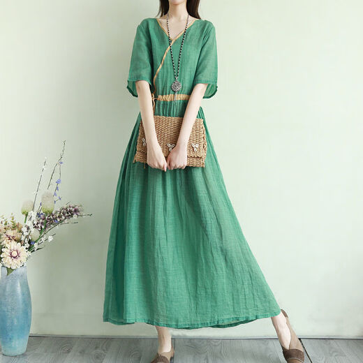 Hengyuanxiang retro literary solid color splicing dress for women 2025 summer large size loose slim lace waist long skirt Green XL [130-145Jin[Jin equals 0.5 kg]]