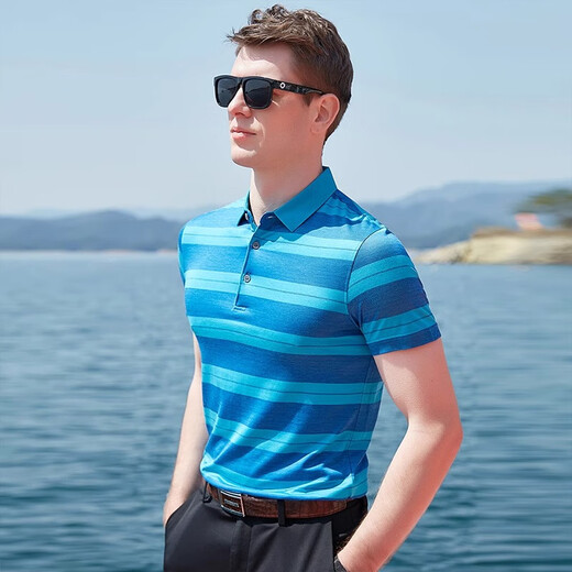 EGW international luxury brand short-sleeved T-shirt men's summer summer mulberry silk lapel thin contrast striped fashion polo shirt green L /50 (175/92A)