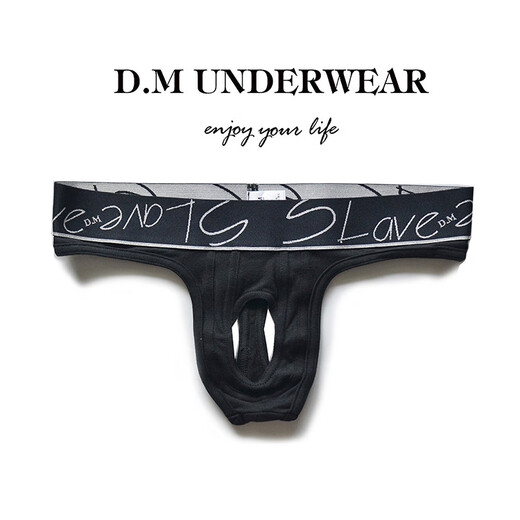 D.M men's underwear personality hanging ring hollow thong single tread belt hole trendy tight cotton sexy sexy T-shaped black L115-130Jin [Jin equals 0.5 kg]