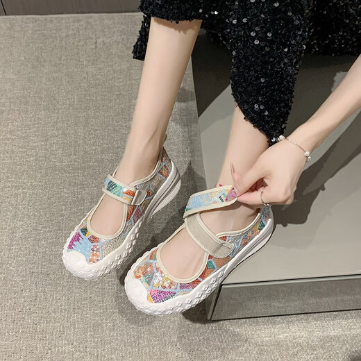 女鞋2025夏季新款透气轻便玛丽珍魔术贴一脚蹬厚底防滑慢步妈妈鞋 YGNX-677桔黄 36