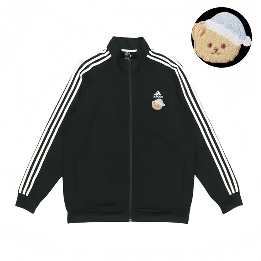 阿迪达斯 （adidas）定制服装 刺绣粉蓝色睡帽小熊条纹运动立领飞行员夹克外套 男女同 黑色 S