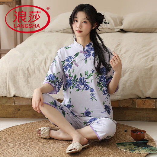 浪莎（LangSha）夏季短袖睡衣套装女士薄款夏天新中式国风七分裤可外穿家居服 YZT-9901(短袖+七分裤) L 女【100-120斤】