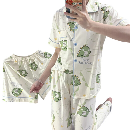 Langsha Estilo de plantación de hierba de niñas Popular, nuevo verano, cómodo, pijama de seda de leche, de seda, ropa doméstica de tres piezas WZL-1473# L Recomendado 100-120Jin [Jin iguala 0.5 kg]