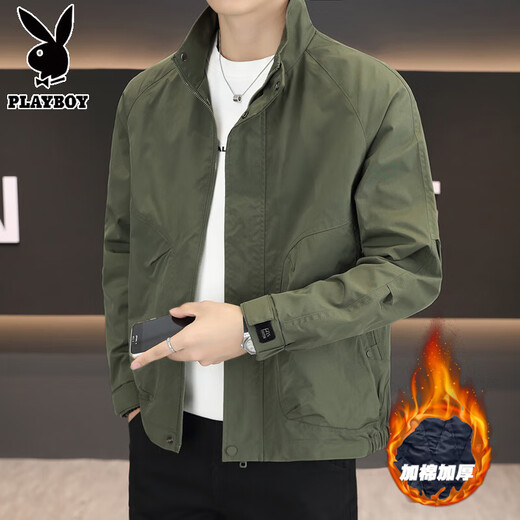 Playboy Autumn and Winter Cotton Thickened Jacket Men's Youth Cotton Clothes Casual Loose Stand-up Collar Windproof Jacket Jacket Green Cotton Thickened L 125-140Jin Jin is equal to 0.5 kg