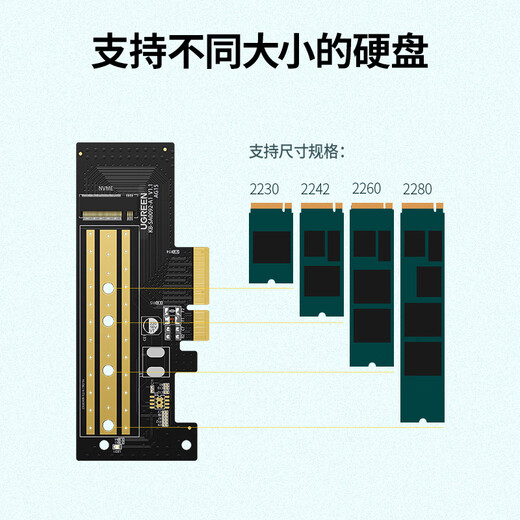 绿联 PcieX16转M.2 NVMe扩展卡兼容5.0/4.0/3.0固态硬盘转接卡 适用SSD台式电脑主机箱x4/x8/x16拓展卡 【单盘|32Gbps速率】M.2 NVMe