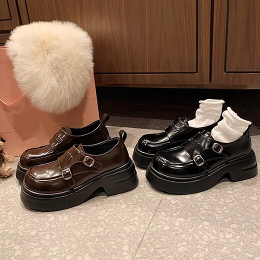 
Belle's Spring 2025 new double buckle round toe British style plus velvet thick sole loafer small leather shoes women's P1048-3 black 35