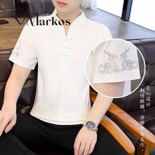 Markos new Chinese style cotton linen short-sleeved T-shirt for men 2025 new summer plate button V-neck embroidered Tang suit Hanfu men E9871 white M [90-105Jin [Jin equals 0.5 kg]]