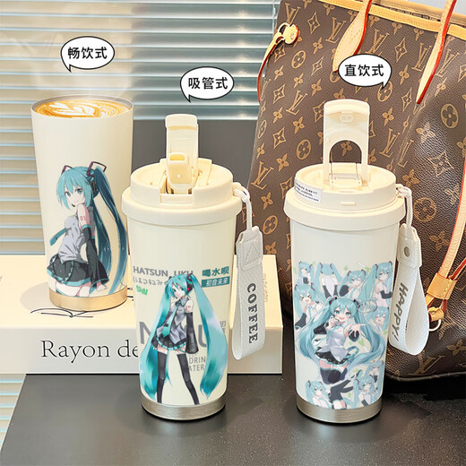 Zhewei Hatsune Miku thermal insulation straw water cup for women with large capacity high-value wear cup stainless steel cold-proof double drink coffee cup BXAB1391 Hatsune Miku stainless steel inner liner-520ML with lanyard