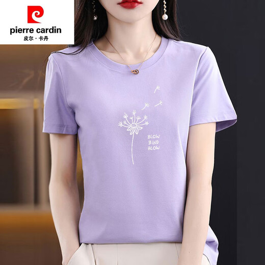 皮尔卡丹（PIERRE CARDIN）纯棉短袖t恤女士宽松简约气质减龄粉色体恤小衫夏装2025新款上衣 6172灰粉 M 80-105斤