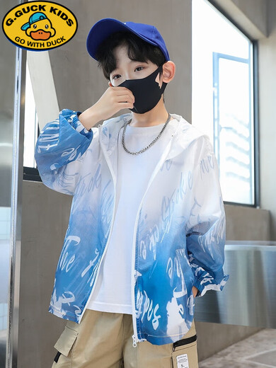 G.DUCKKIDS Boys Summer Sun Protection Clothing 2025 New Hooded Summer Lightweight Breathable Outerwear Medium and Large Children Summer Sun Protection Clothing Blue Blue 120 CM