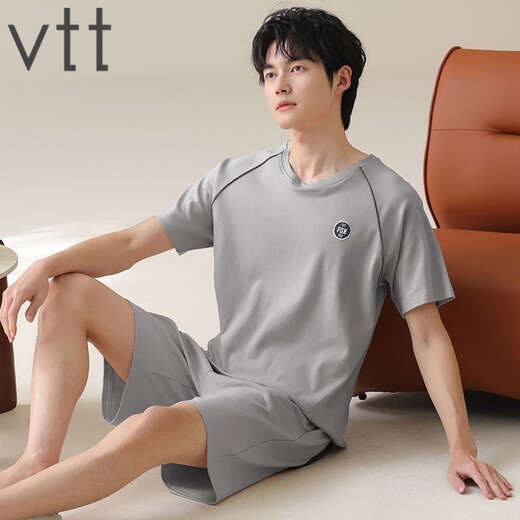 VTT纯棉短袖短裤男家居服套装夏季便携抗菌吸湿排汗可外穿 V短袖套装：OMM13601 L