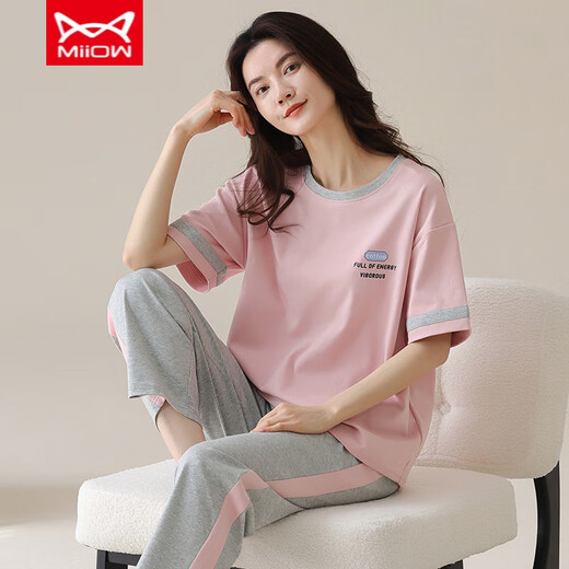 Catman Miiow Pajamas para mujeres en primavera y verano pantalones de manga corta Los estudiantes de estilo coreano puro pueden usar trajes de ropa para el hogar de algodón puro afuera en verano YZT9715 algodón corto y longitud M (80-jin [Jin equivale a 0.5 kg])