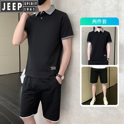 吉普（JEEP）运动休闲套装男士夏季薄款冰丝t恤短袖短裤两件套polo衫帅气百搭 灰色9863(一套) M
