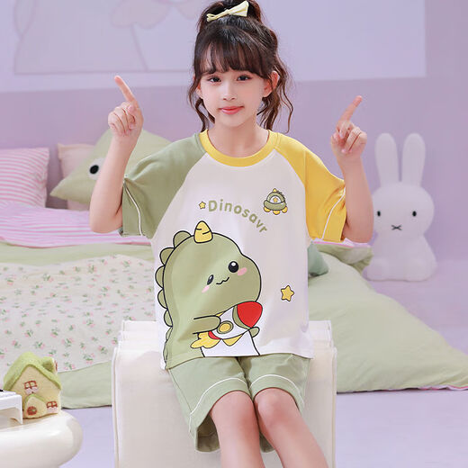 Wilwe pajamas spring, summer and autumn children's short-sleeved shorts combed cotton cartoon cute two-piece home clothes for boys and girls 6627 female dinosaur one size fits all 10 yards 30-38Jin Jin is equal to 0.5 kg
